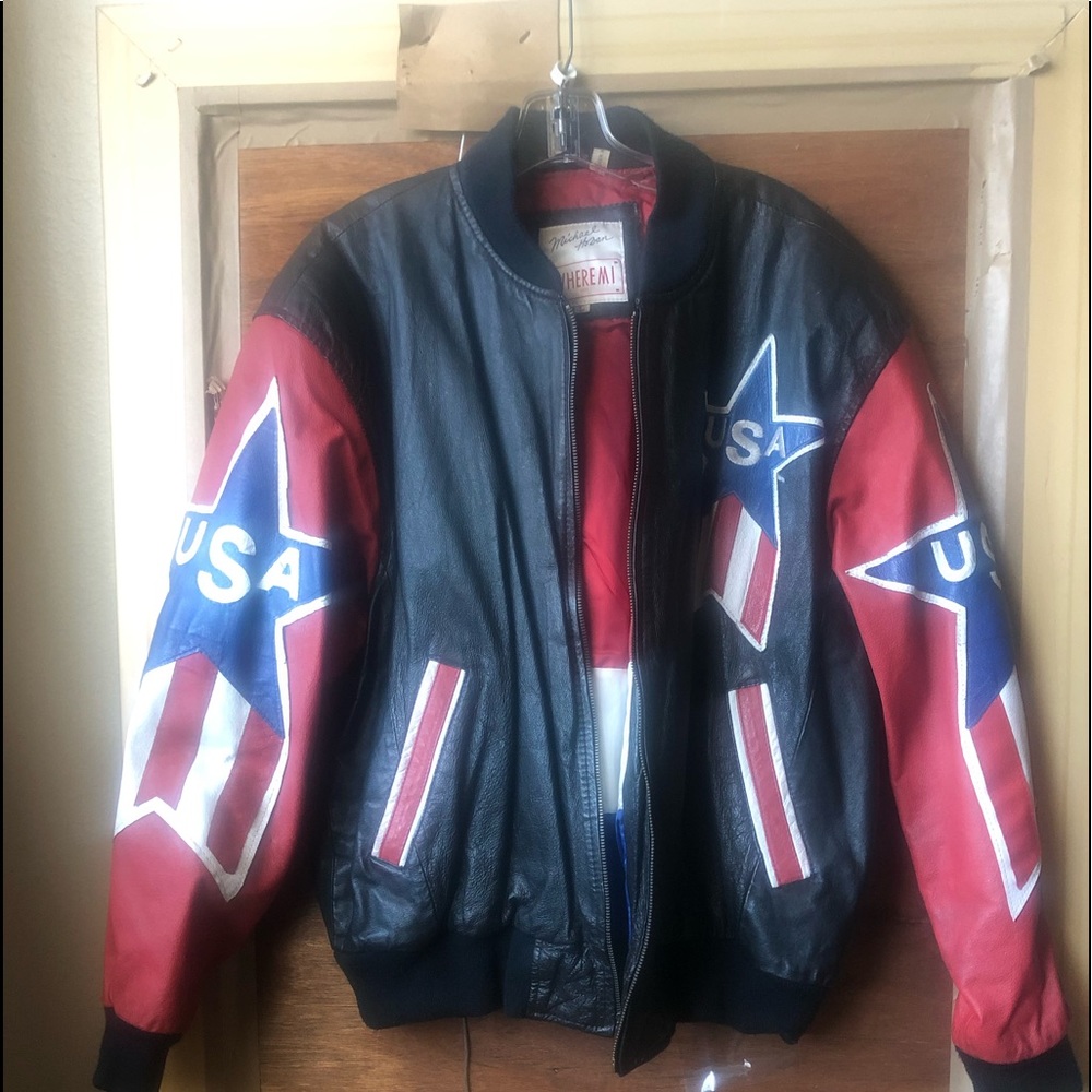 VTG MICHAEL Hoban. “WHERE M I” USA LEATHER JACKET